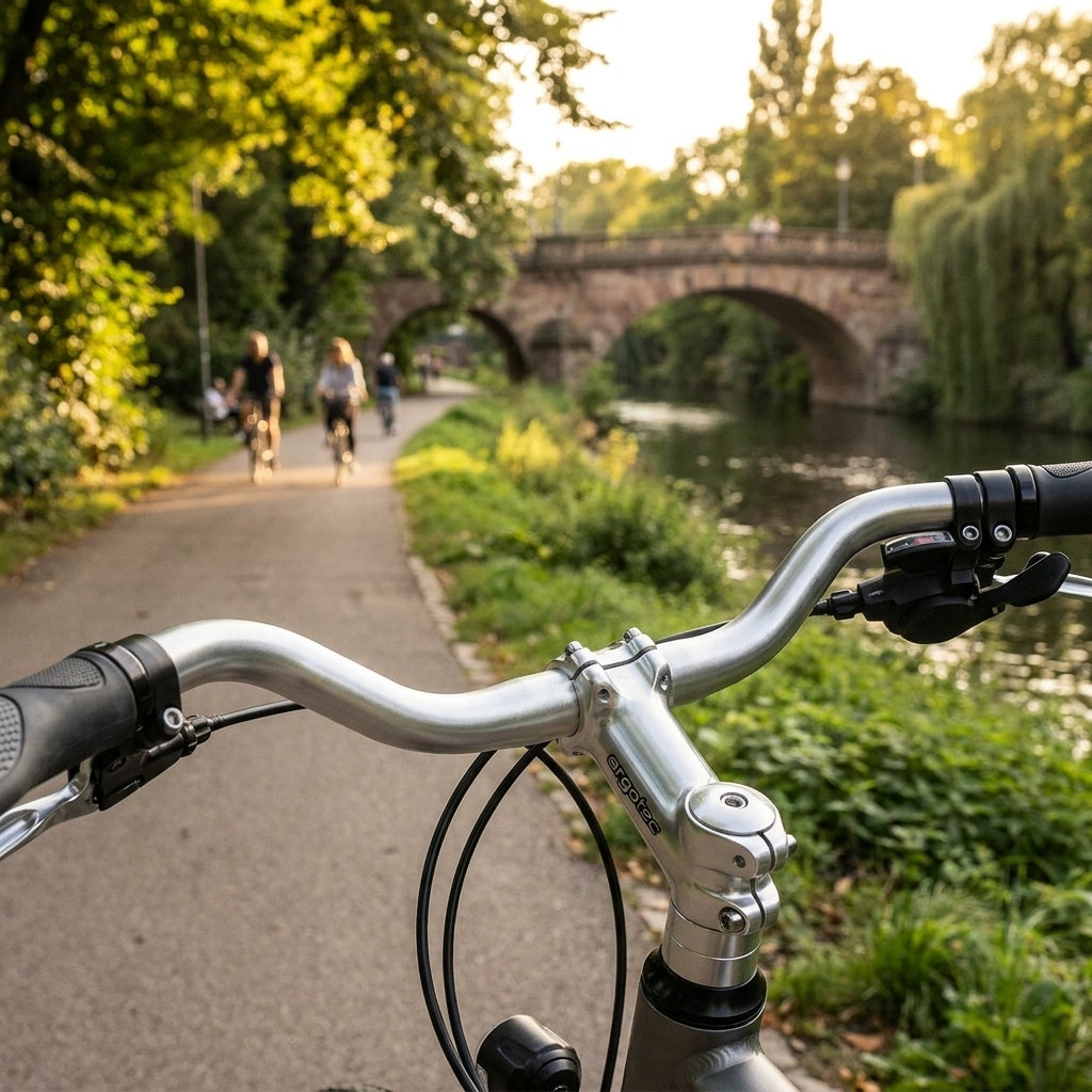 Ergotec Lenkerbügel Cruiser Alu silber am Fahrrad, auf Radweg entlang Fluss und Brücke.