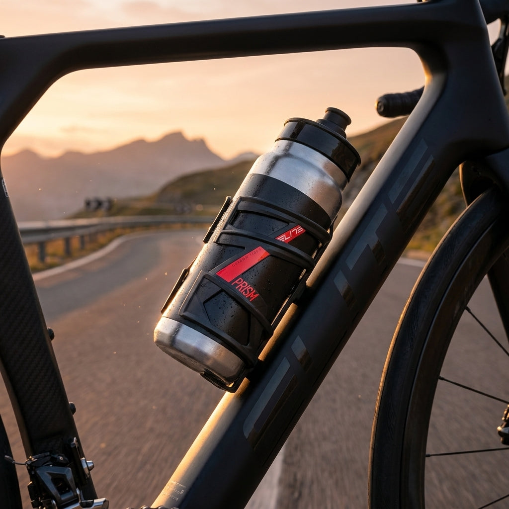 Elite PRISM Carbon Flaschenhalter rechts, schwarz-matt/rote Grafik, am Rennrad montiert.