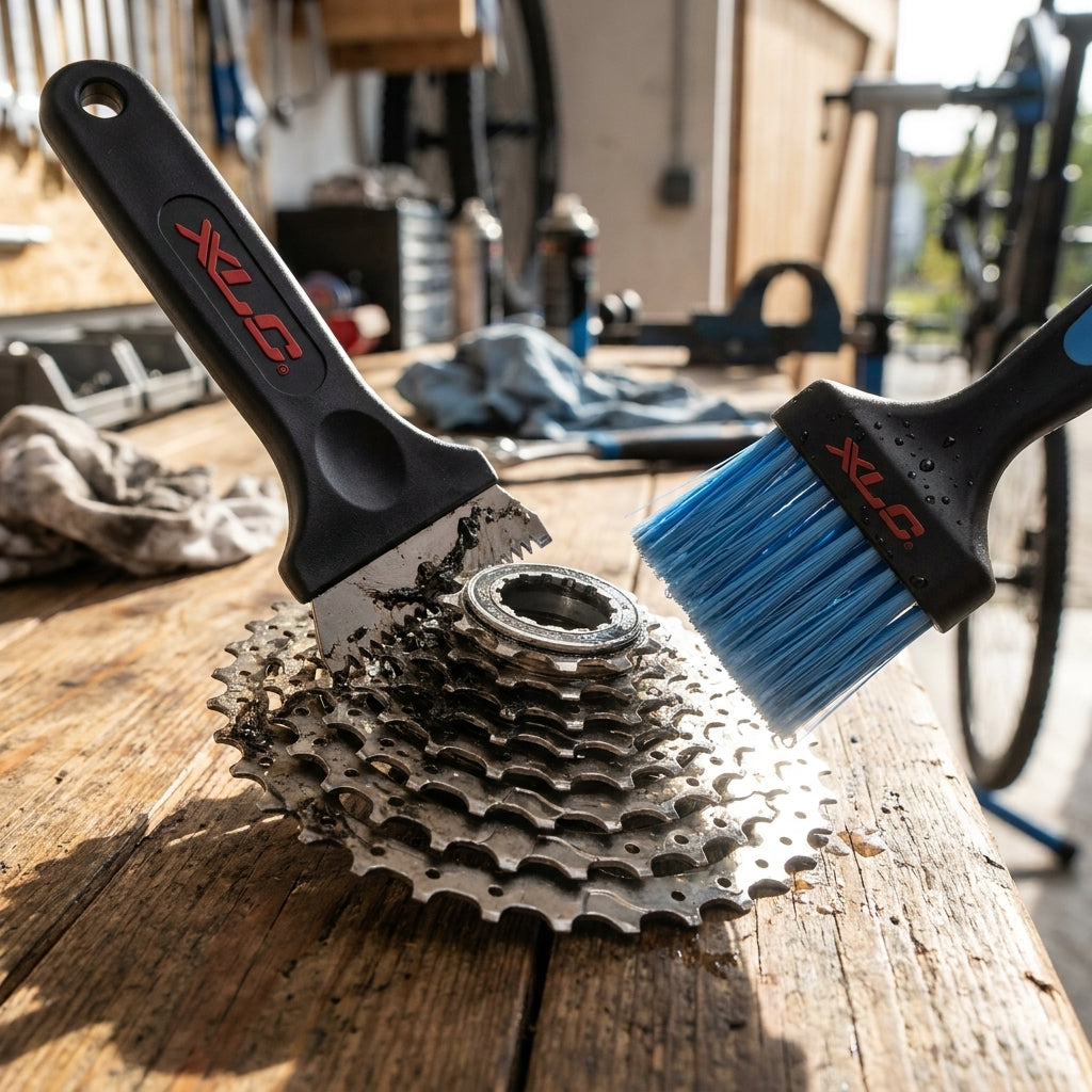 XLC Reinigungs-Set TO-S55 für Fahrrad Zahnkränze. Effektive Bürste und Kratzer zur gründlichen Fahrradpflege.