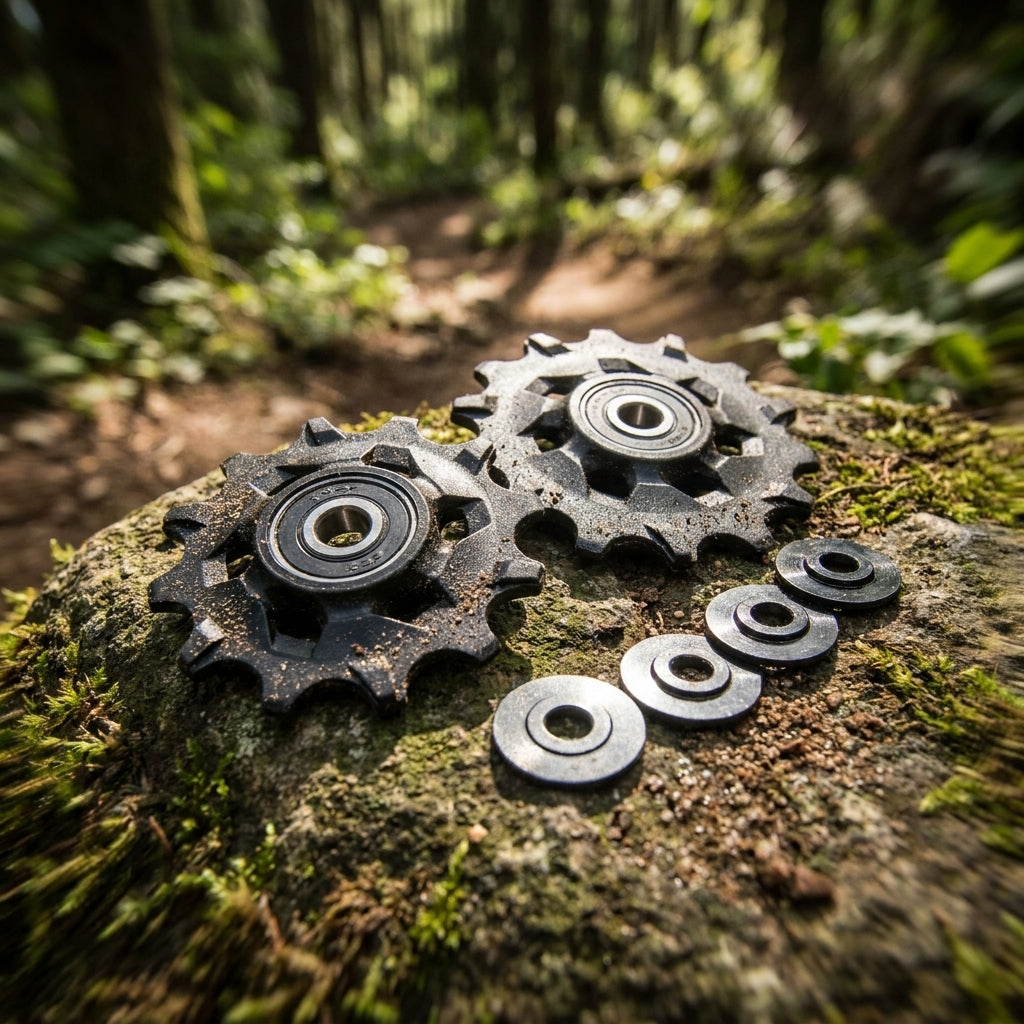 SRAM GX Schaltrollen-Set 2x11/11-fach mit Lagern und Unterlegscheiben auf moosigem Stein im Wald.
