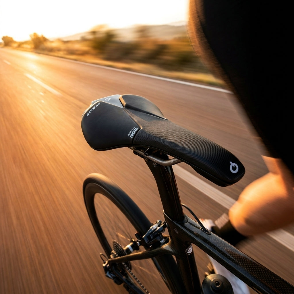 Prologo Scratch NDR 140 sw Unisex Sattel schwarz auf Rennrad in Bewegung bei Sonnenuntergang.