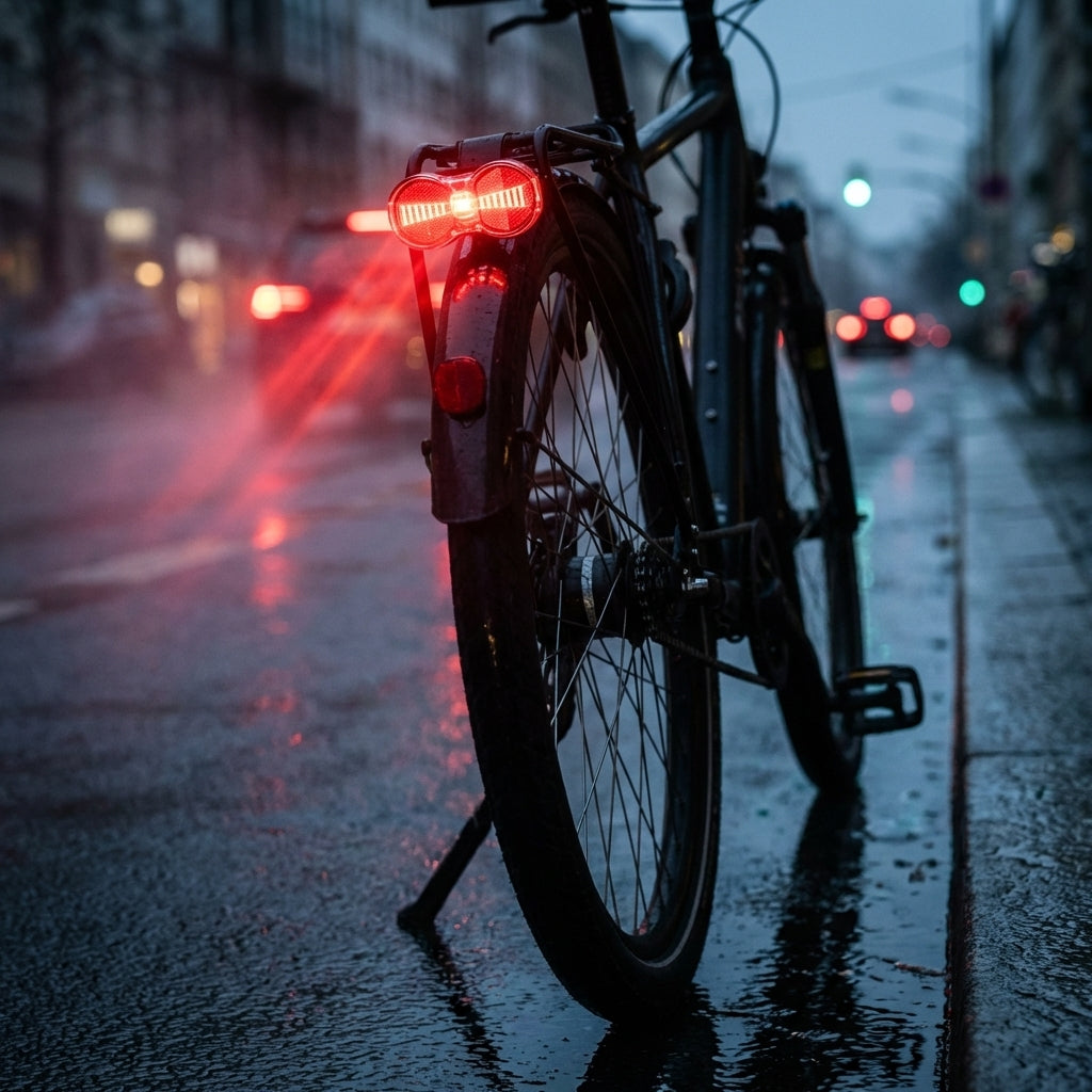 Busch&Müller Bumm StVZO Fahrrad-Rücklicht leuchtet hell auf nasser Straße für Sicherheit.