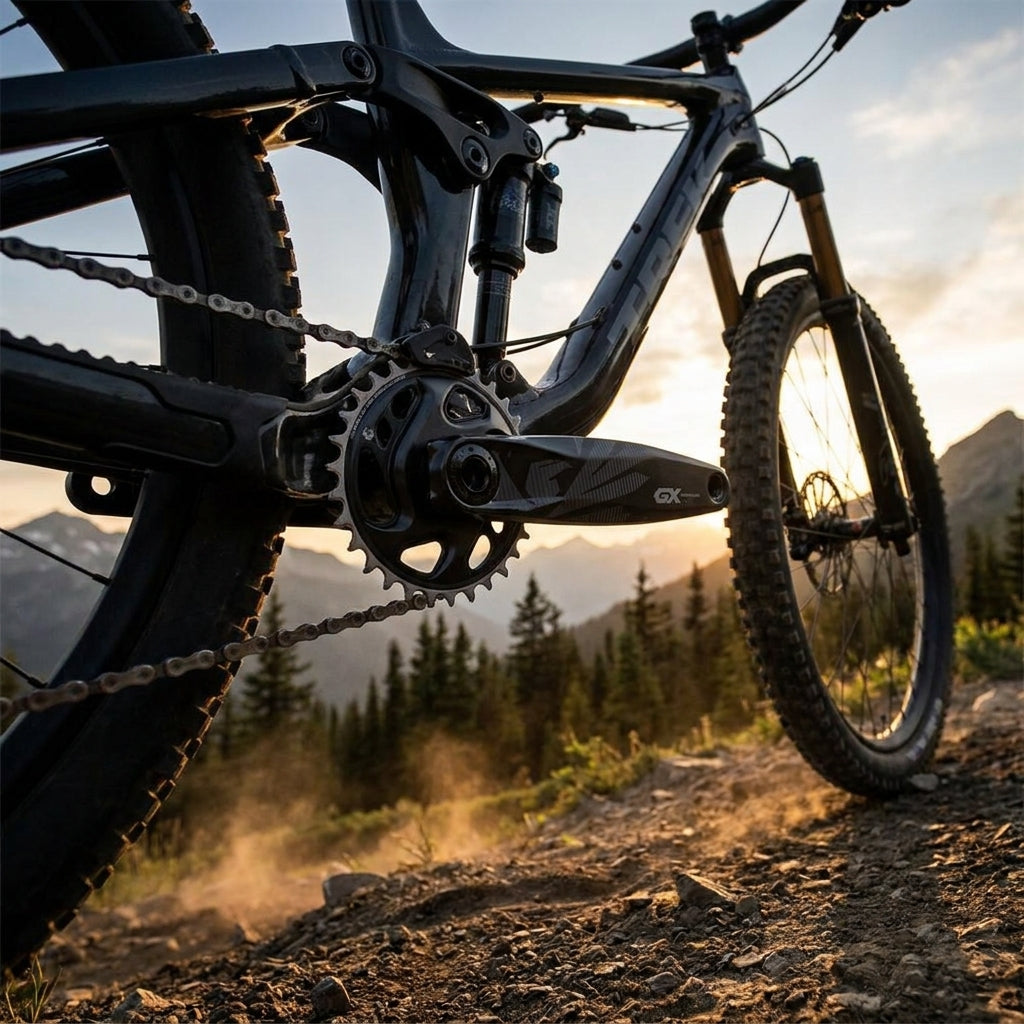 SRAM GX Eagle DUB Kurbelgarnitur am MTB auf staubigem Trail bei Sonnenuntergang. Robuste 1x12 Performance.