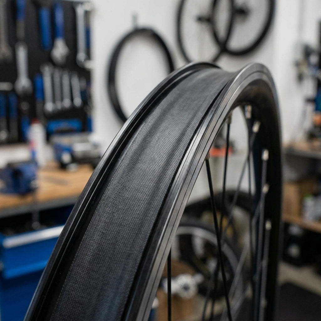 Schwalbe Felgenband Gummi 20-203 20mm auf einer Fahrradfelge montiert, Nahaufnahme im Werkstatt.