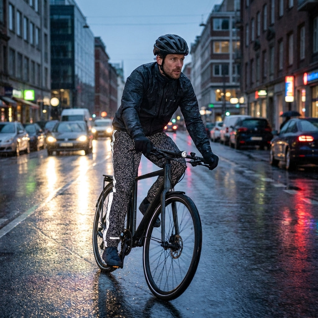 Radfahrer trägt reflektierende Basil Regenhose Skane HIVIS Jet Black auf regennasser Stadtstraße.