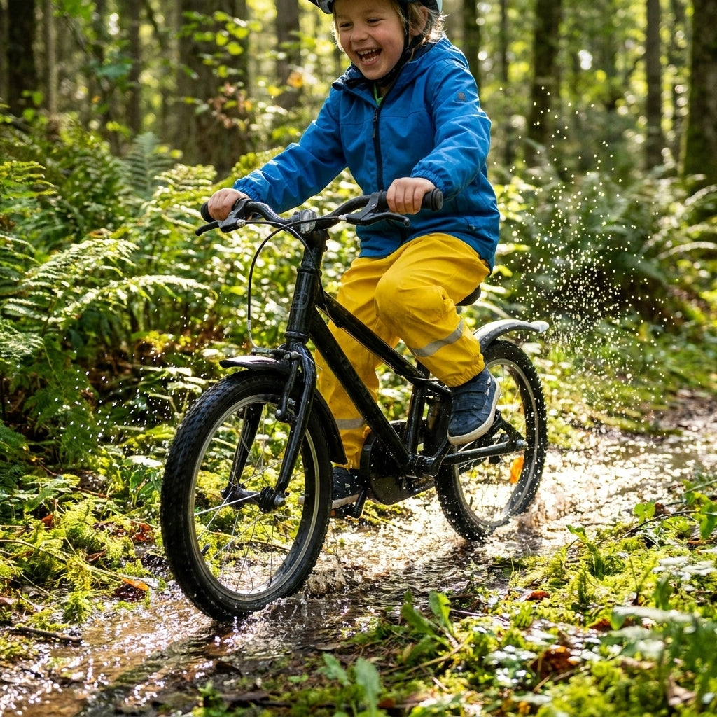 Zéfal Steckblech Set Kid schwarz 16/20 Zoll: Kind fährt lachend Fahrrad durch Pfütze, Spritzschutz.