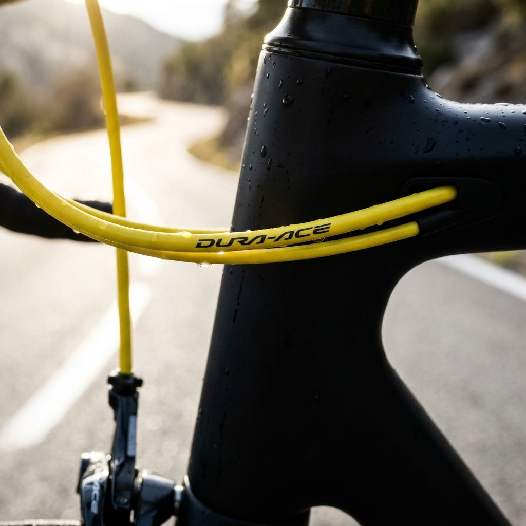 SHIMANO DURA-ACE gelbe polymerbeschichtete Rennrad-Bremszüge auf schwarzem Fahrradrahmen, nass.