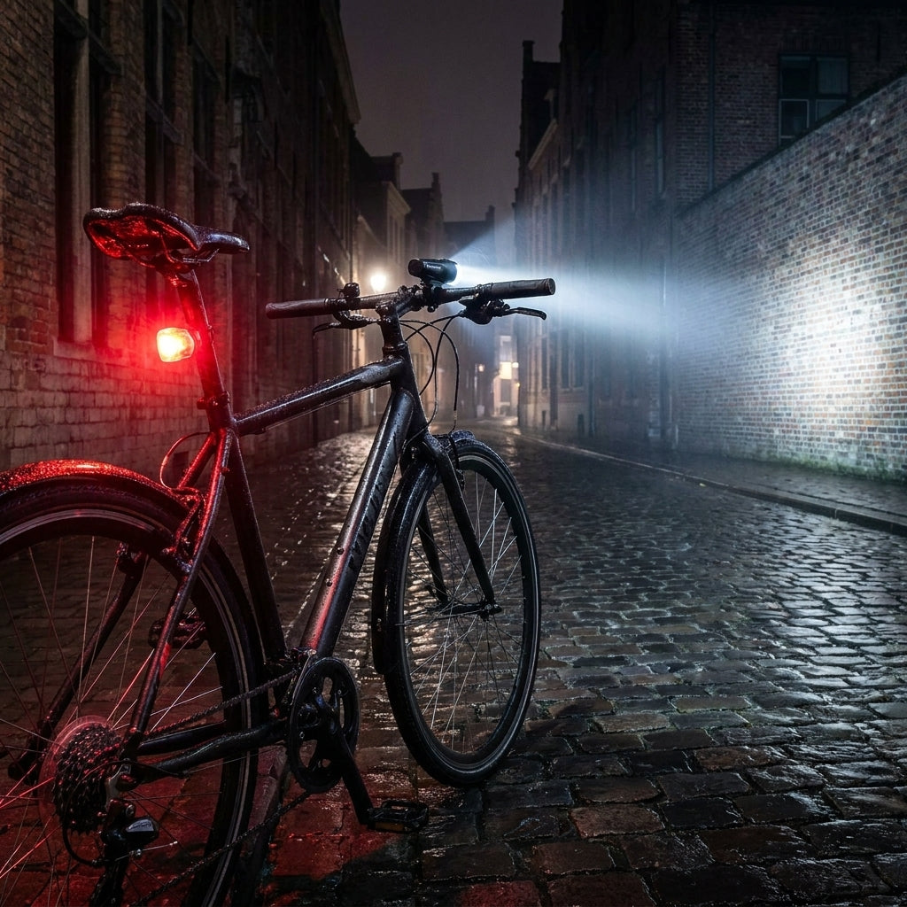 Fahrrad mit hellem Vegas F30 RSL USB Frontlicht und Vegas R II RSL USB Rücklicht auf nasser Pflasterstraße bei Nacht.