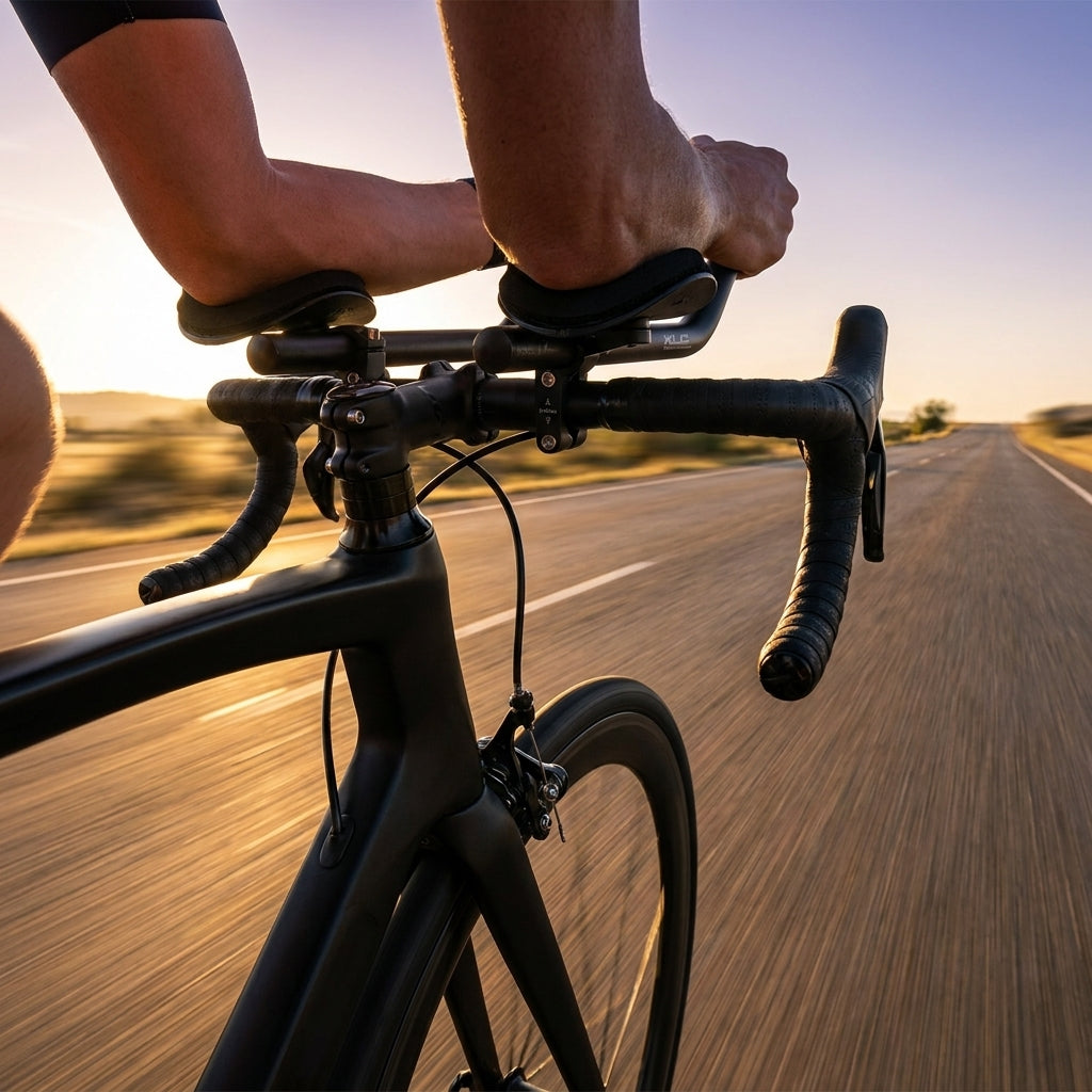 Schwarzer XLC Tri-Bar Aufsatz HB-T05 am Rennrad, Radfahrer fährt auf Landstraße bei Sonnenuntergang.