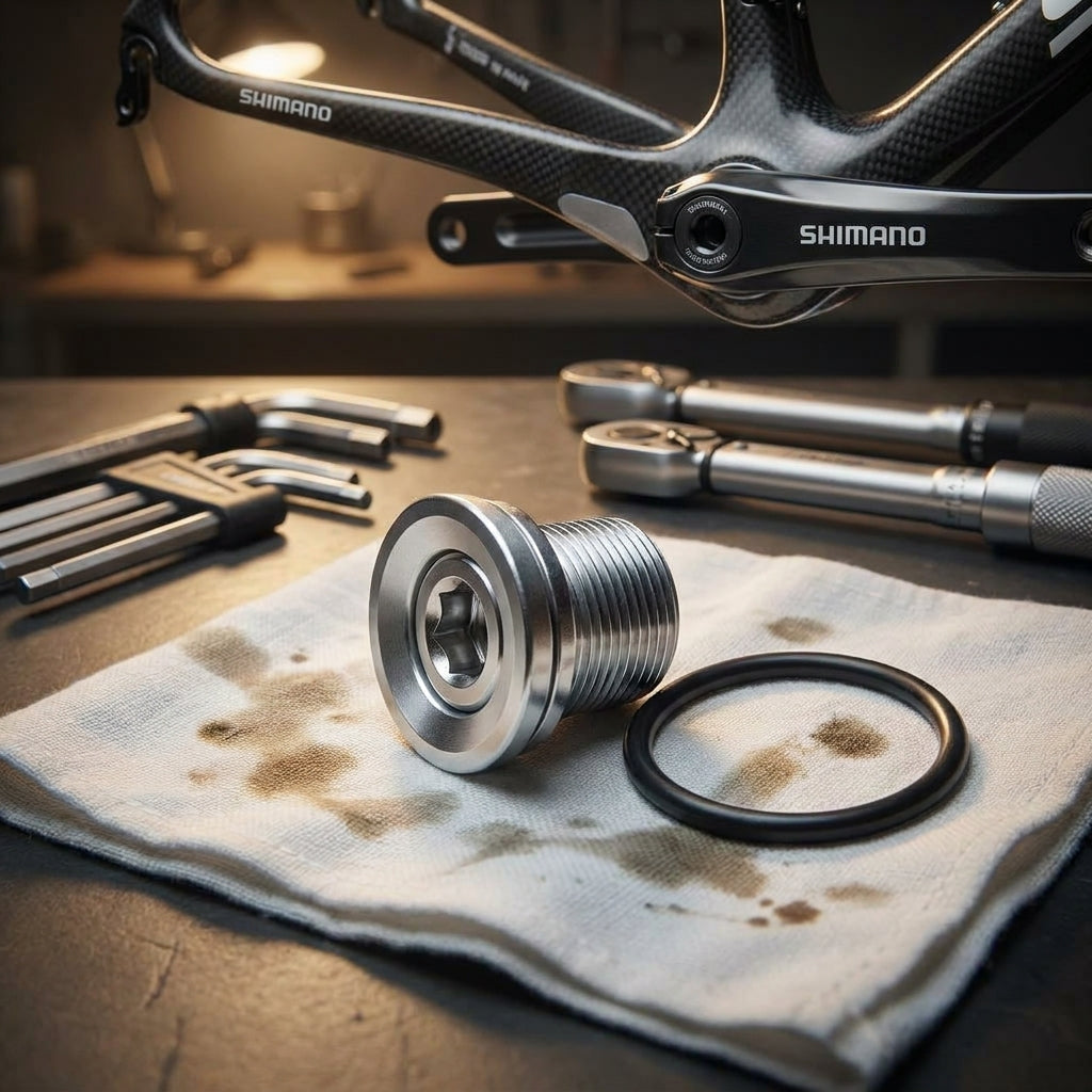 Silberne SHIMANO Kurbelbefestigungsschraube FC-R345 M8x1 mit O-Ring, Werkzeugen und Fahrradkurbel für sichere Montage.