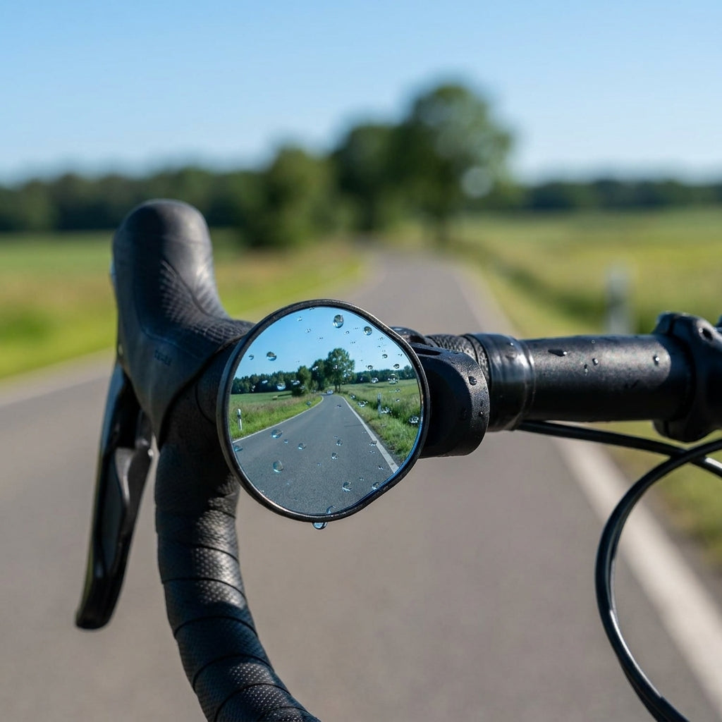 XLC MTB/Rennrad-Spiegel MR-K25 am Lenker mit Regentropfen, spiegelt Landstraße und Natur.