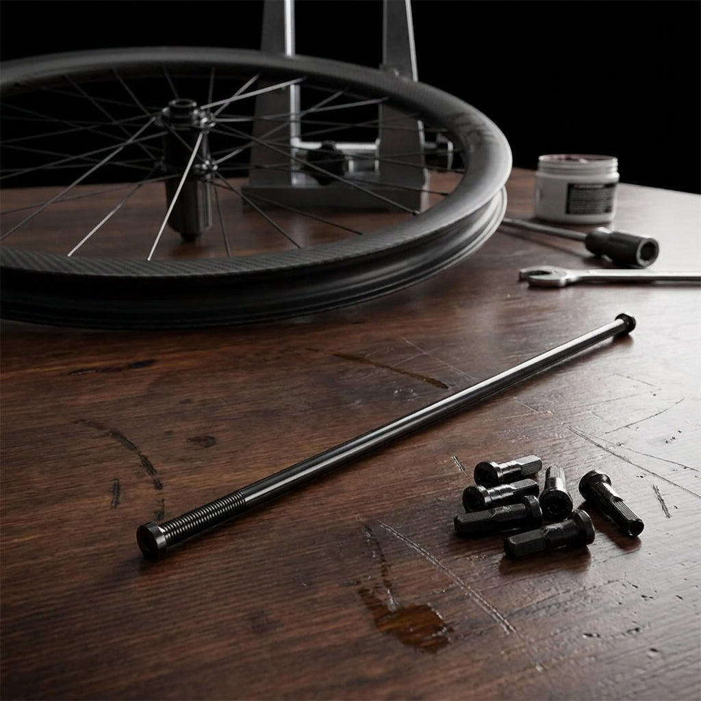 DT Swiss XMC1200 SPLINE Speichenkit Schwarz 27,5 mit Nippeln und Laufrad auf Holztisch für Reparatur.