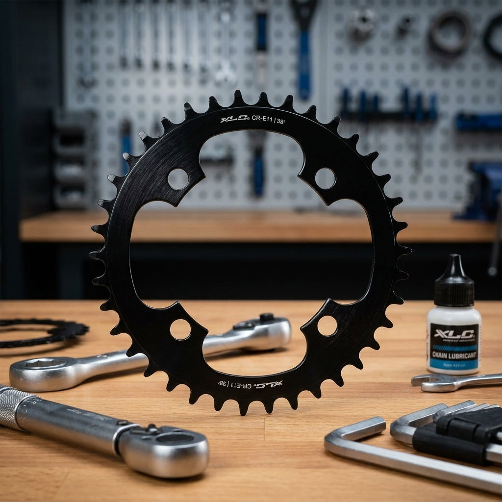 XLC E-Bike Kettenblatt CR-E11 aus Stahl, 38 Zähne, BCD 104mm, für Mittelmotor, auf Werkbank mit Werkzeug.