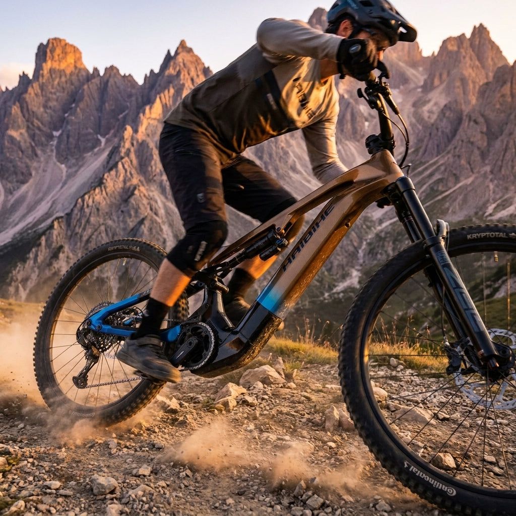 Haibike HYBE CF 9 E-MTB in Bronze/Azure. Leistungsstarkes E-Mountainbike mit 800Wh Akku und SRAM Eagle AXS Schaltung.
