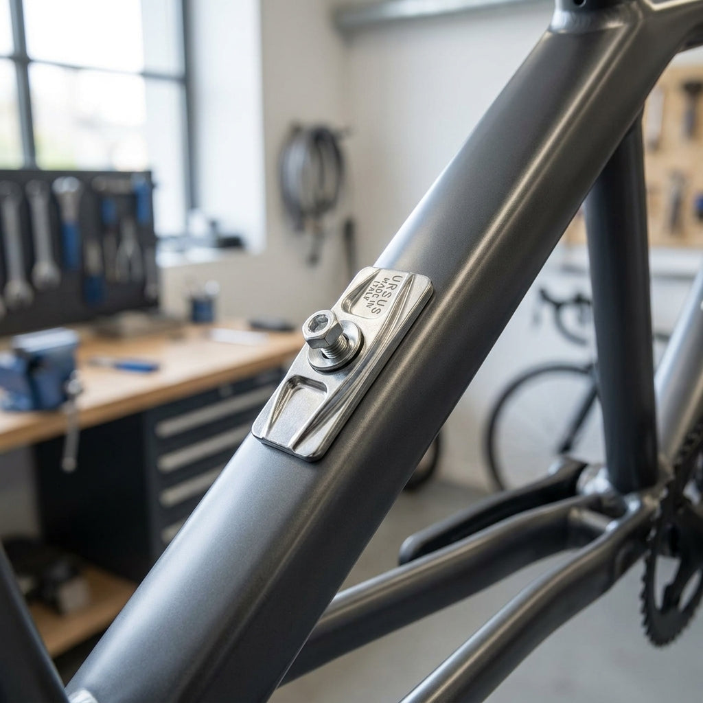 Ursus Ständer Adapterplatte silber mit M10x75 Schraube am grauen Fahrradrahmen befestigt.