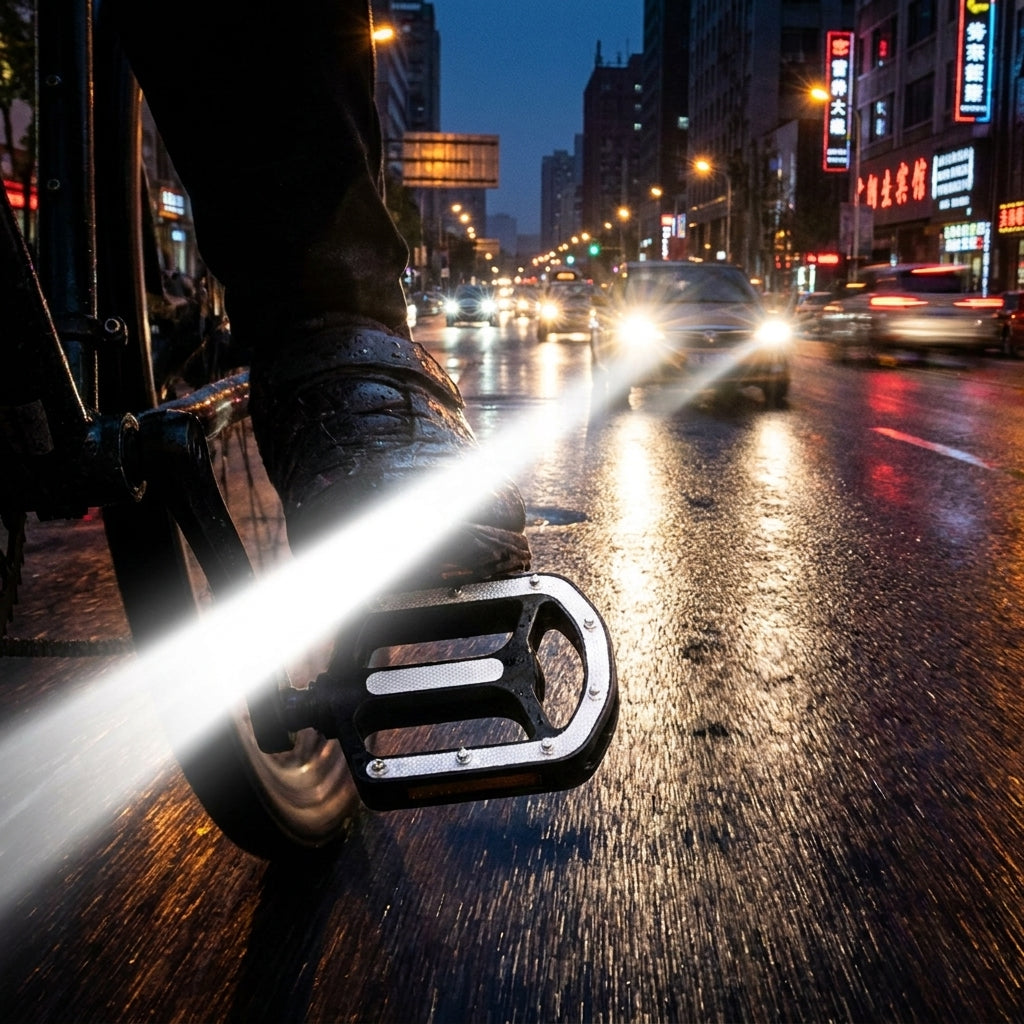 MOTO Reflex Tape weiß: Reflektierende Aufkleber am Schuh eines Fahrradfahrers, hell sichtbar auf nasser Straße bei Nacht.