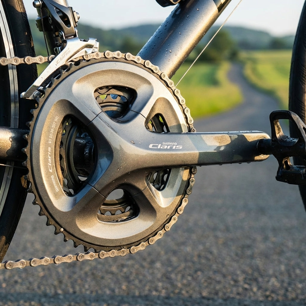 Shimano Claris FC-R2030 8-fach Kurbelgarnitur mit 50-39-30 Zähnen am Rennrad auf Straße.