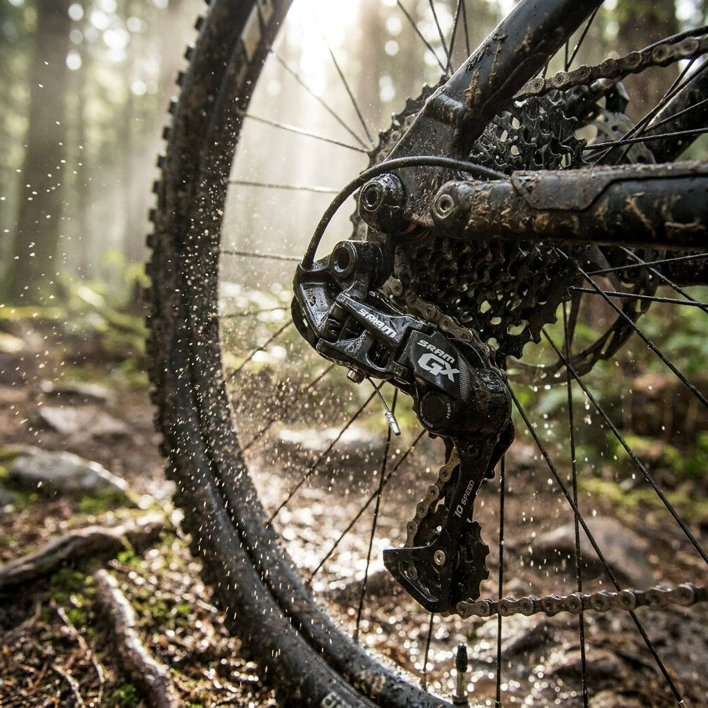 Schlammiges SRAM GX Type 2.1 10-fach Schaltwerk am Mountainbike, Wasser spritzt vom Reifen im Wald.