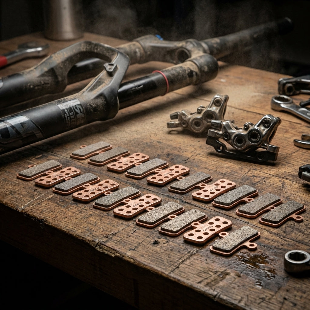 SRAM Scheibenbremsbeläge gesintert/Stahl Werkstattpack für Trail/Guide/G2/Level 4 Piston auf Holzwerkbank.