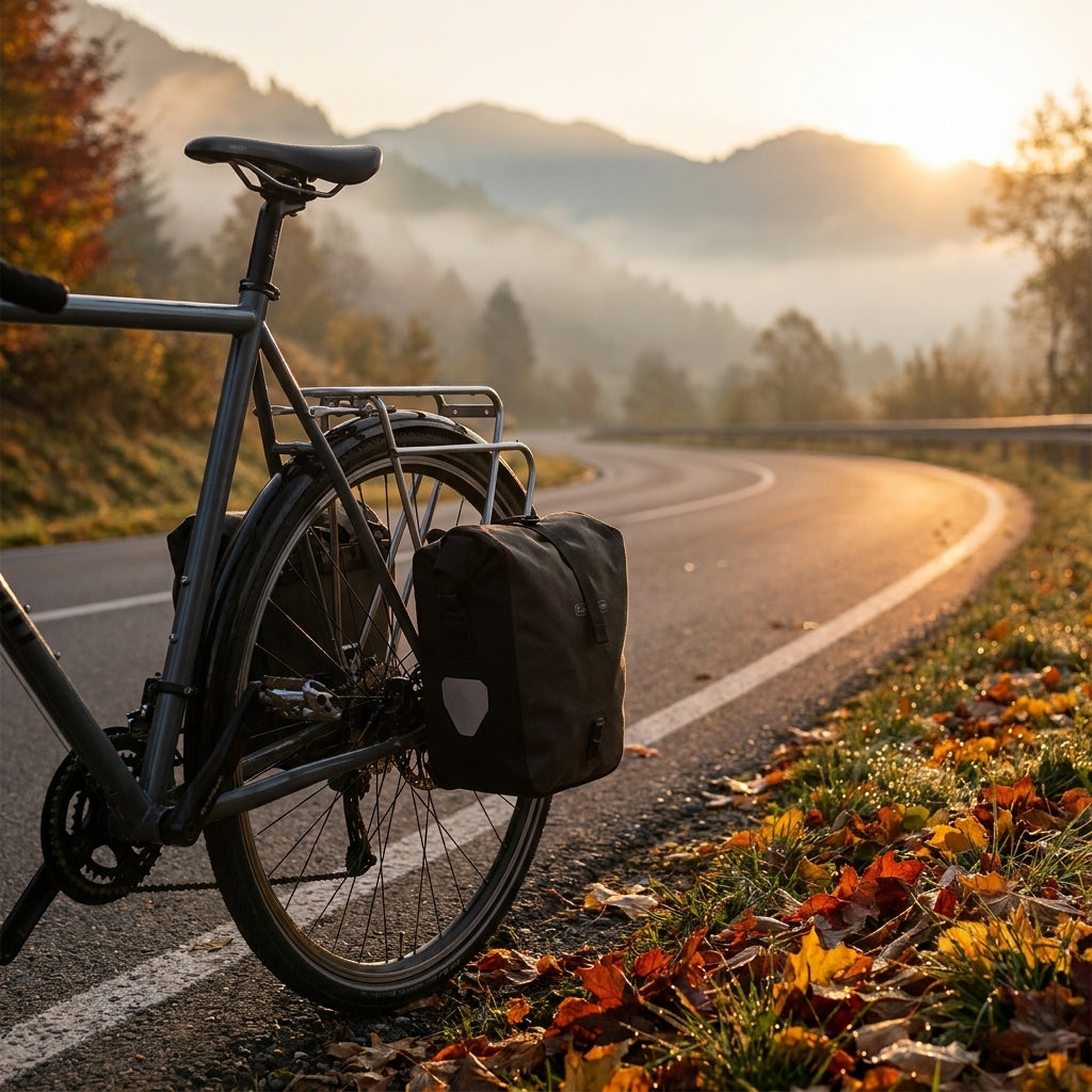 Fahrrad mit Tubus LOGO CLASSIC Heckträger (silber) und Packtaschen im Herbst bei Sonnenaufgang in den Bergen.