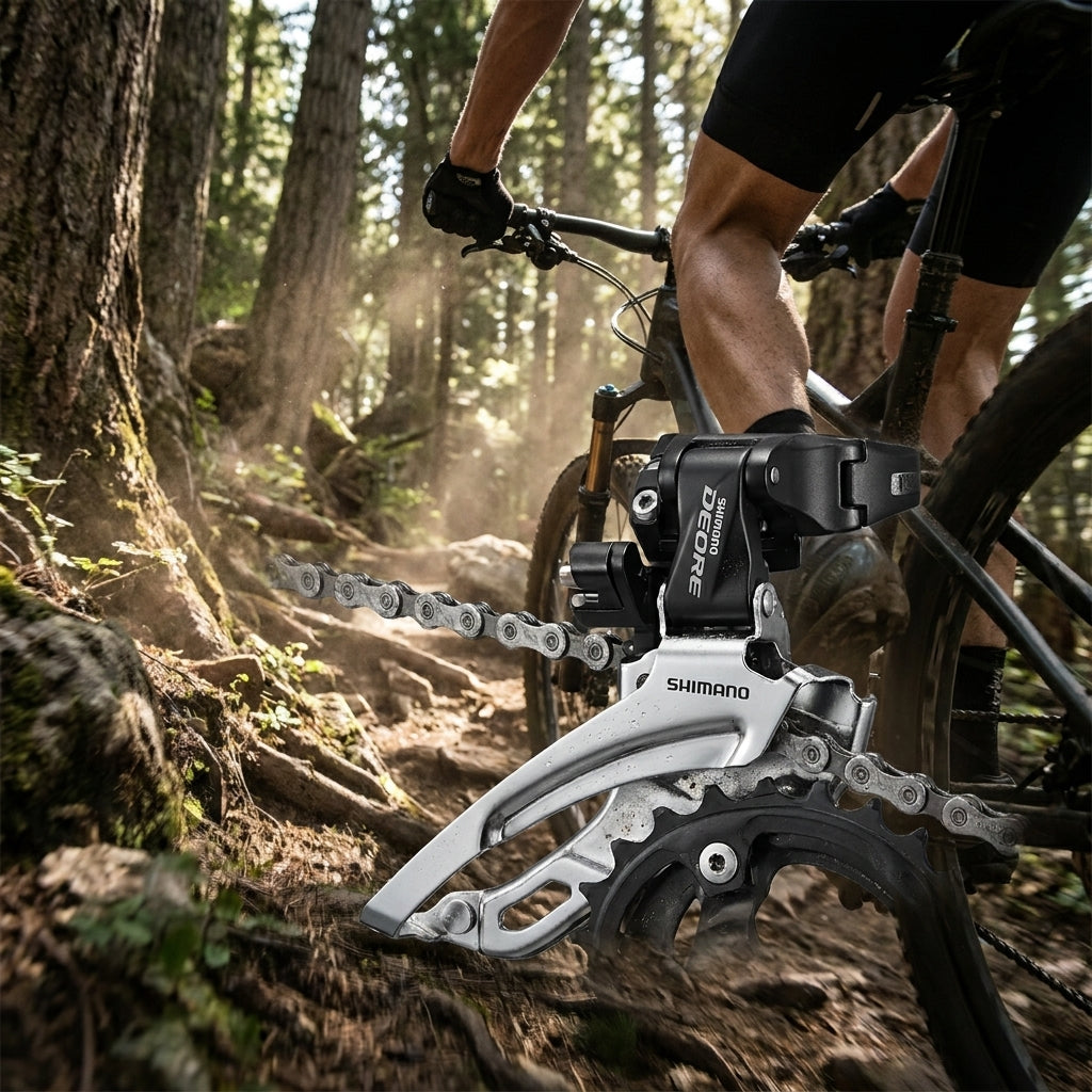 SHIMANO DEORE FD-M5100 2-fach Umwerfer für MTB. Präzise Direktmontage, zuverlässiges Frontschalten für sportliche Trails.