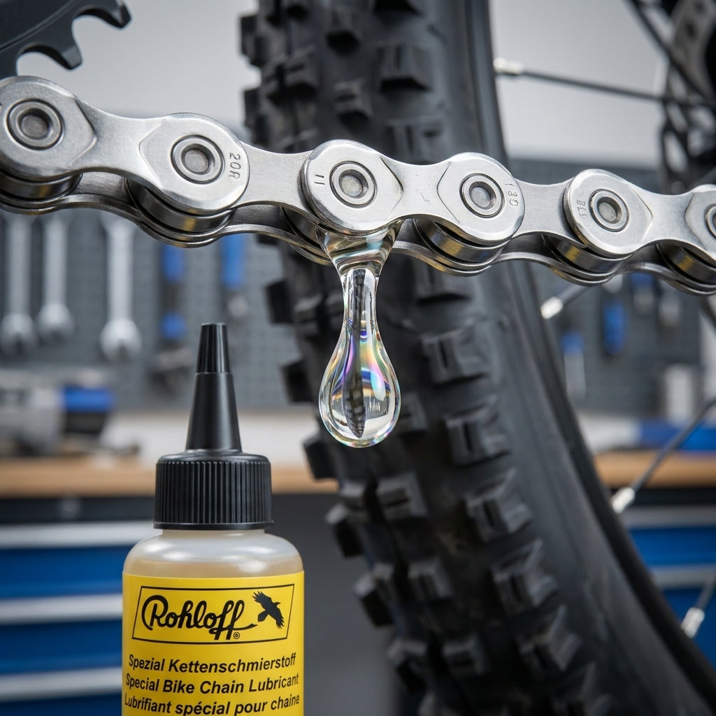 Rohloff Spezial Kettenschmierfett 50ml: Glänzender Öltropfen an Fahrradkette, Flasche im Vordergrund.