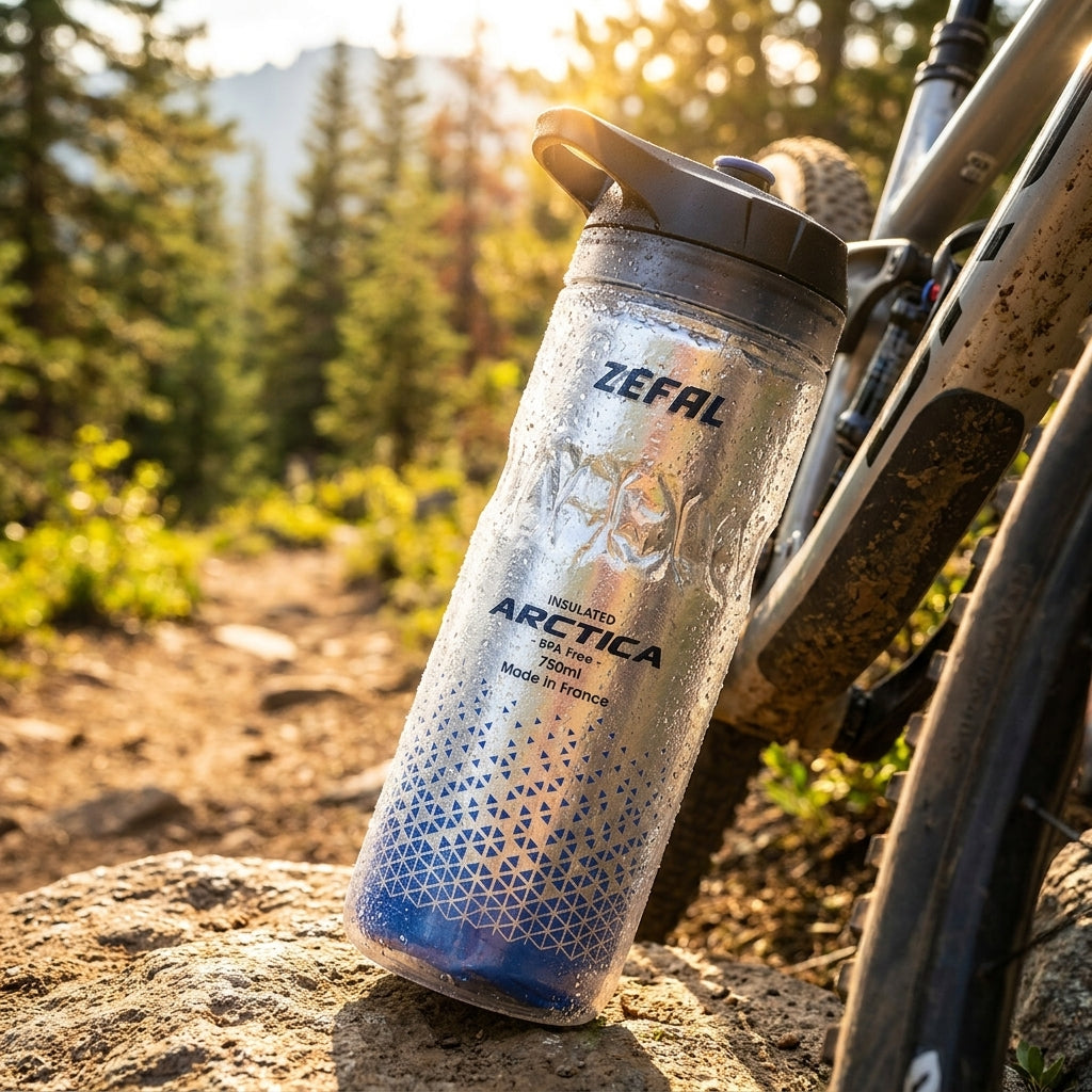Zefal Arctica 750ml blaue isolierte Trinkflasche mit Tropfen am Mountainbike auf sonnigem Bergpfad.