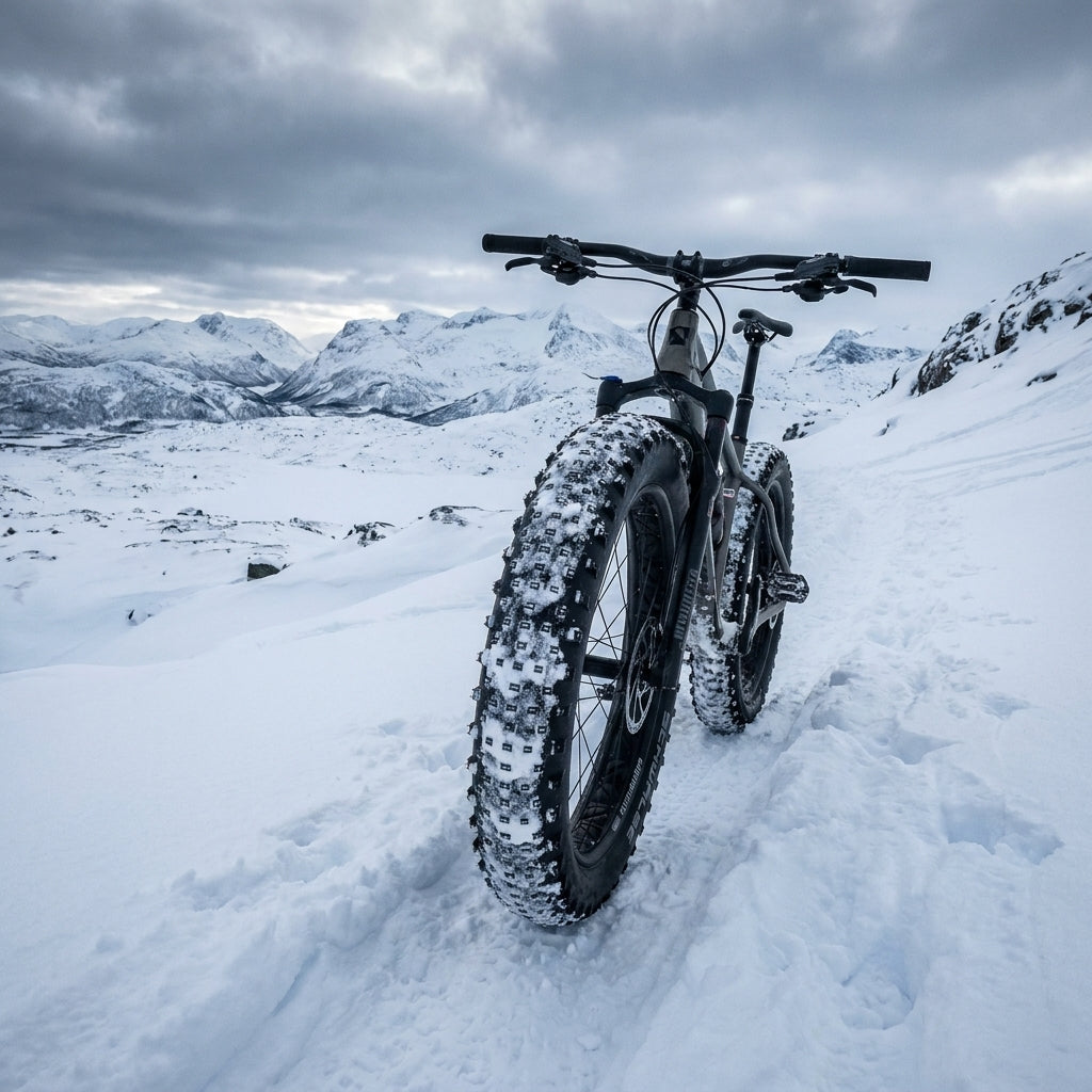 Fatbike mit Schwalbe JUMBO JIM Reifen im tiefen Schnee vor verschneiter Berglandschaft.