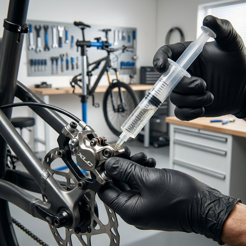 XLC Entlüftungskit für Promax: Hände entlüften XLC Fahrrad-Scheibenbremse mit Spritze.
