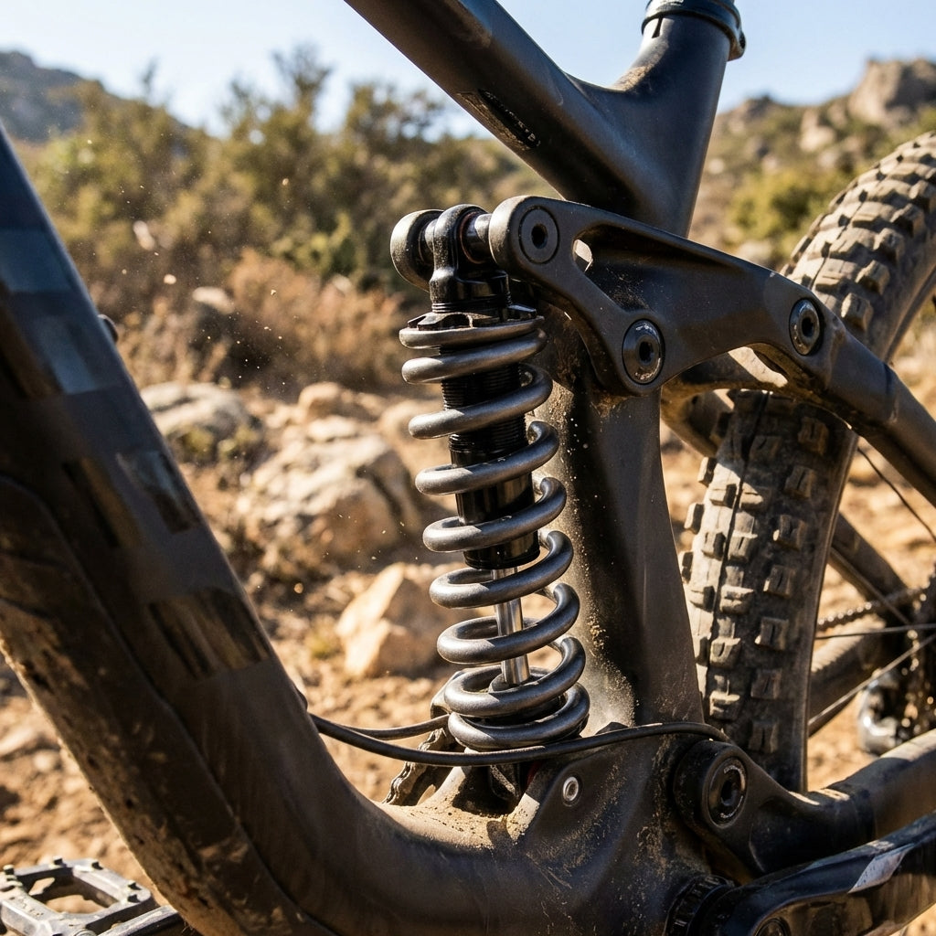 Graue Rockshox Feder am Hinterraddämpfer eines Mountainbikes auf staubigem Offroad-Trail.