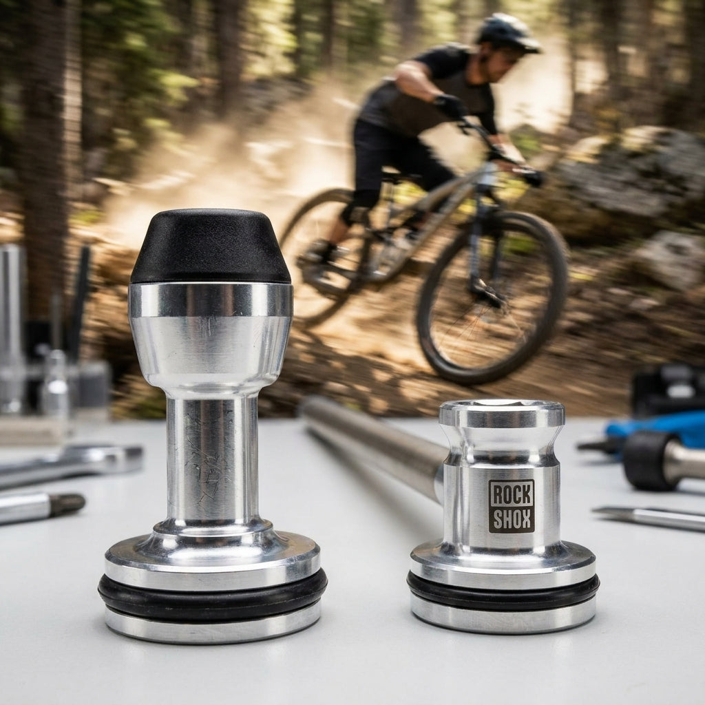 RockShox Federgabel AirShaft DA+ Pike C1+ für 27.5/29 Zoll Mountainbikes, Biker auf staubigem Trail im Hintergrund.