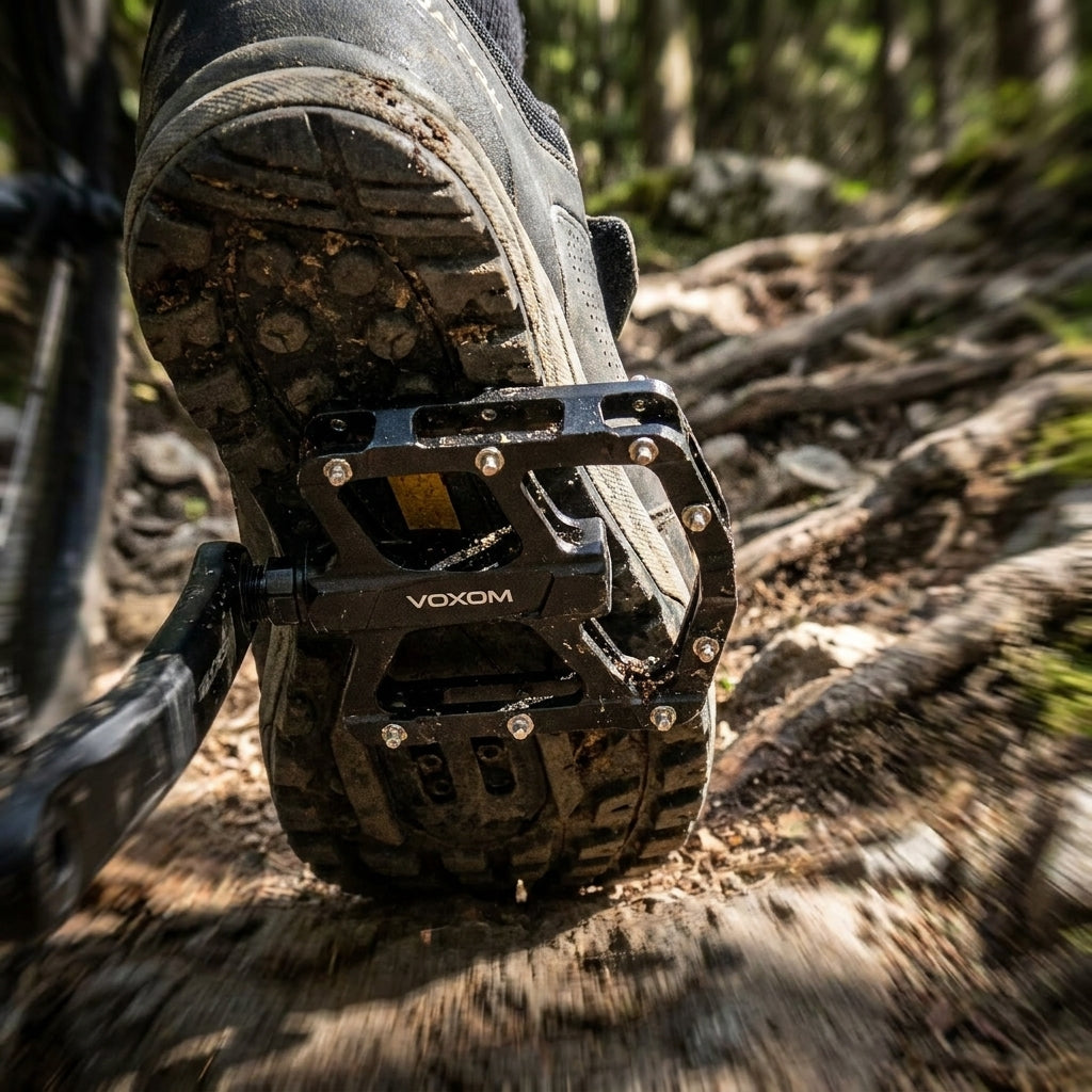 Voxom MTB Pe16 Pedal schwarz aus Aluminium an Mountainbike-Schuh auf schmutzigem Waldweg. Mit Cr-Mo Achse und Pins.