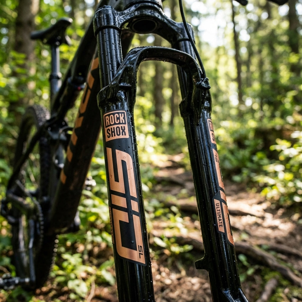 RockShox SID SL Ultimate Gabel mit mattem Kupfer-Decal-Kit auf schwarzem Mountainbike im Wald.