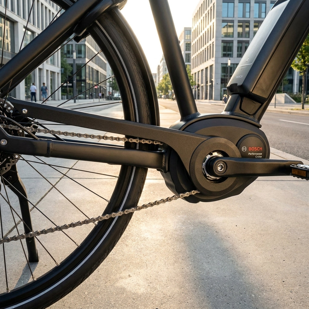 Detailansicht BOSCH Performance Cruise E-Bike Motor mit Kette und schwarzem Kettenschutz Curana.