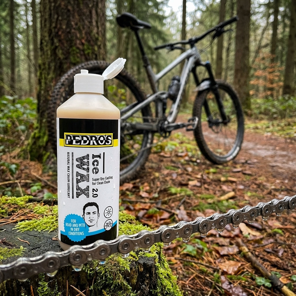 Pedros Ice Wax 2.0 Kettenwachs in Tropfflasche, mit MTB im Wald. Für saubere Ketten bei trockenen Bedingungen.