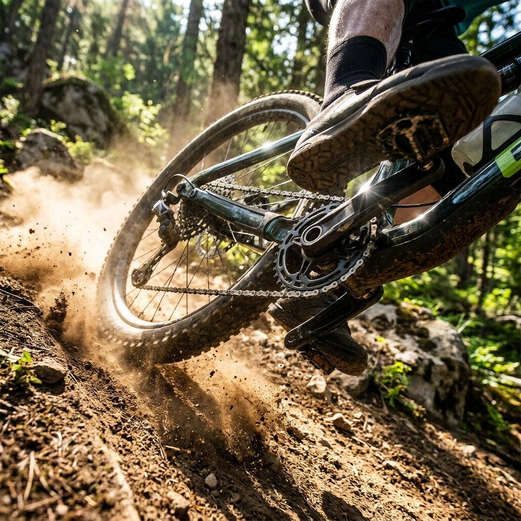 SHIMANO Kettenblatt FC-MT511-1 30 Zähne, präziser MTB-Antrieb in Aktion auf staubigem Trail.