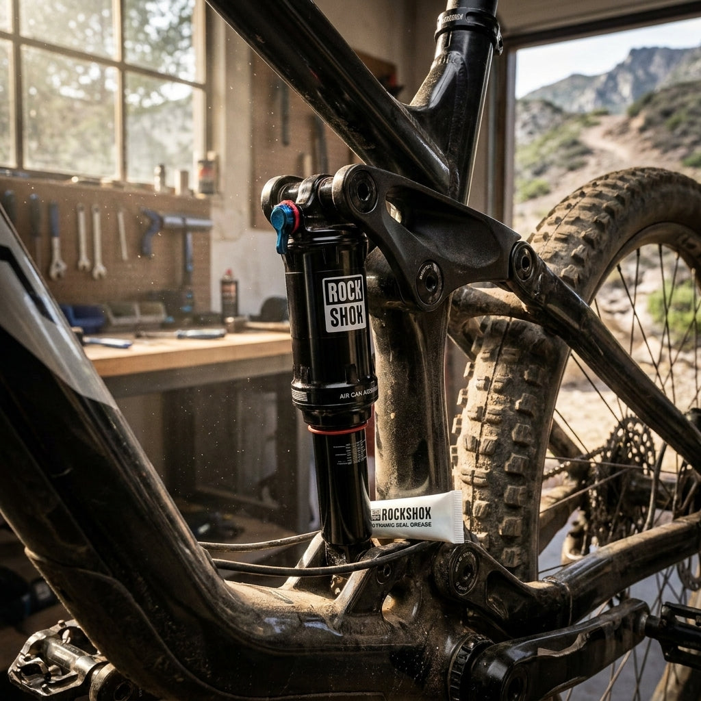 RockShox Air Can Assembly Federbein an Mountainbike, daneben RockShox Dynamic Seal Grease.
