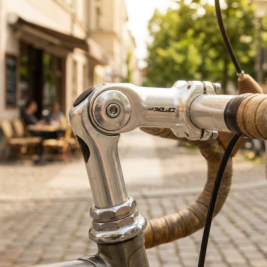 XLC Vorbau ST-T02 Alu Ø 22,2mm für 1" Gabel 120mm silber am Fahrradlenker auf Kopfsteinpflaster.