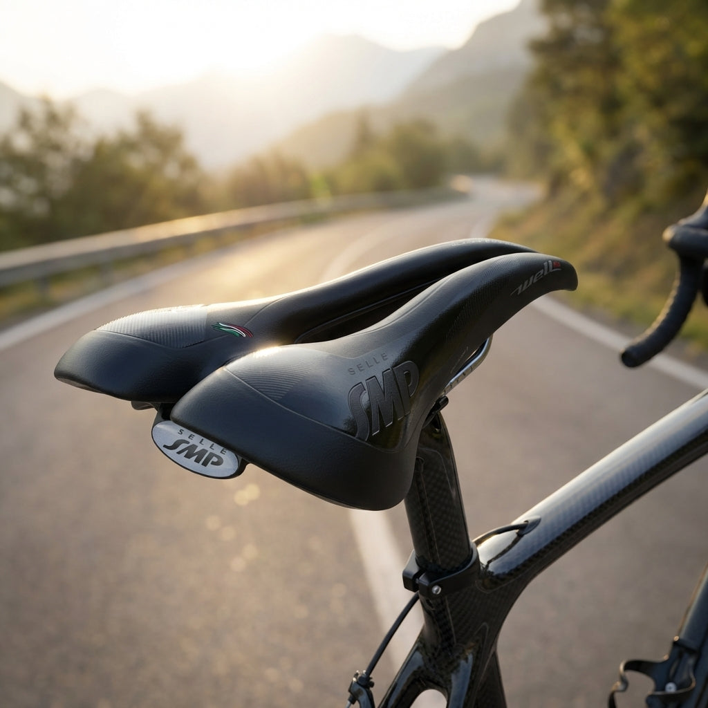 Hochwertiger Selle SMP Well M1 Gel Fahrradsattel schwarz auf Carbon-Rennrad, Straße und Berge im Hintergrund bei Sonnenunterg