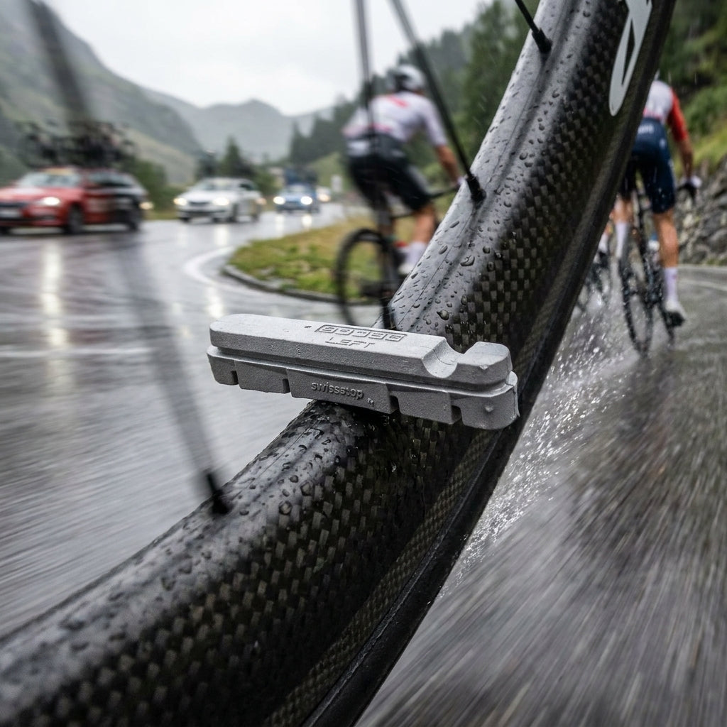 Zipp Platinum Pro EVO Bremsbelag (SwissStop) auf Carbonfelge am Rad, bei Regen mit Radfahrern auf Bergstraße.