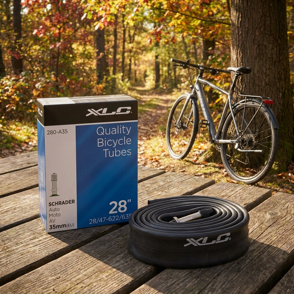 XLC Fahrradschlauch 28 Zoll (28/47-622/635) AV 35 auf Holztisch mit Box und Fahrrad im Herbstwald.