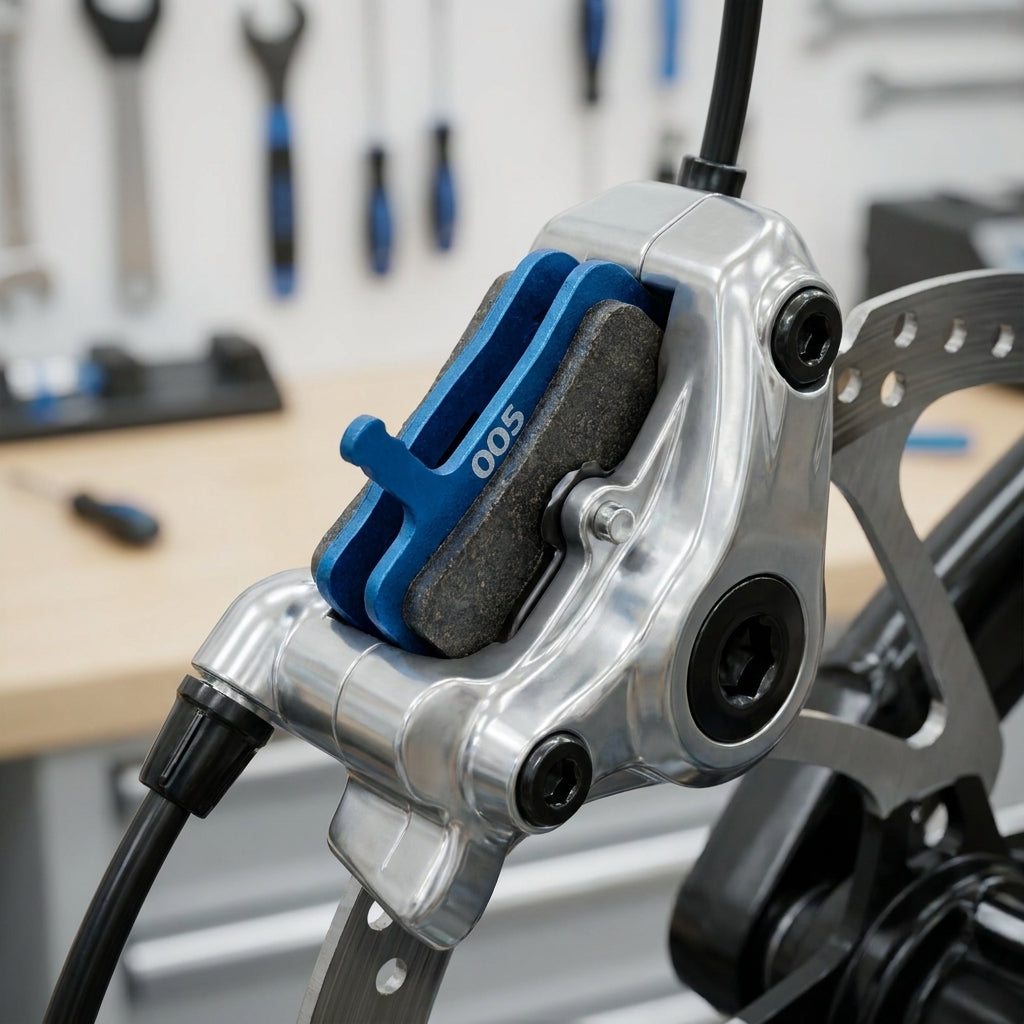 Avid 005 E-Bike Scheibenbremsbelag blau im Fahrrad-Bremssattel.