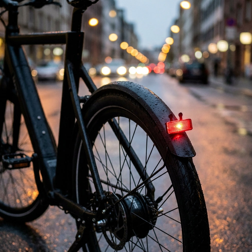 LITEMOVE StVZO-Z Reflektor schwarz leuchtet rot am E-Bike Schutzblech für mehr Sichtbarkeit auf nasser Straße.