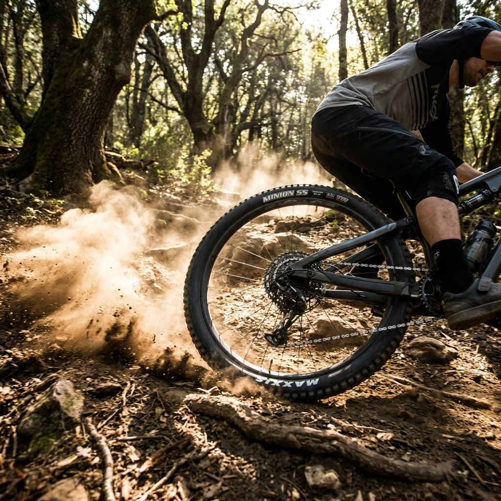 Maxxis Reifen Minion SemiSlick am Mountainbike auf staubigem Waldweg, wirbelt Staub auf.
