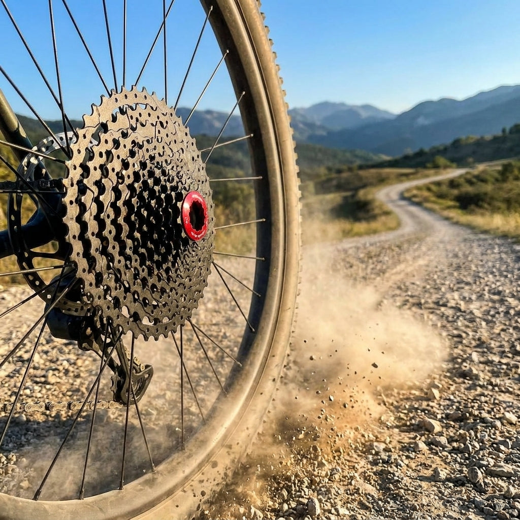 SunRace CSRZ800 Kassette 12-fach 11-42T Schwarz/Rot am Gravel-Bike-Hinterrad auf staubigem Schotterweg.