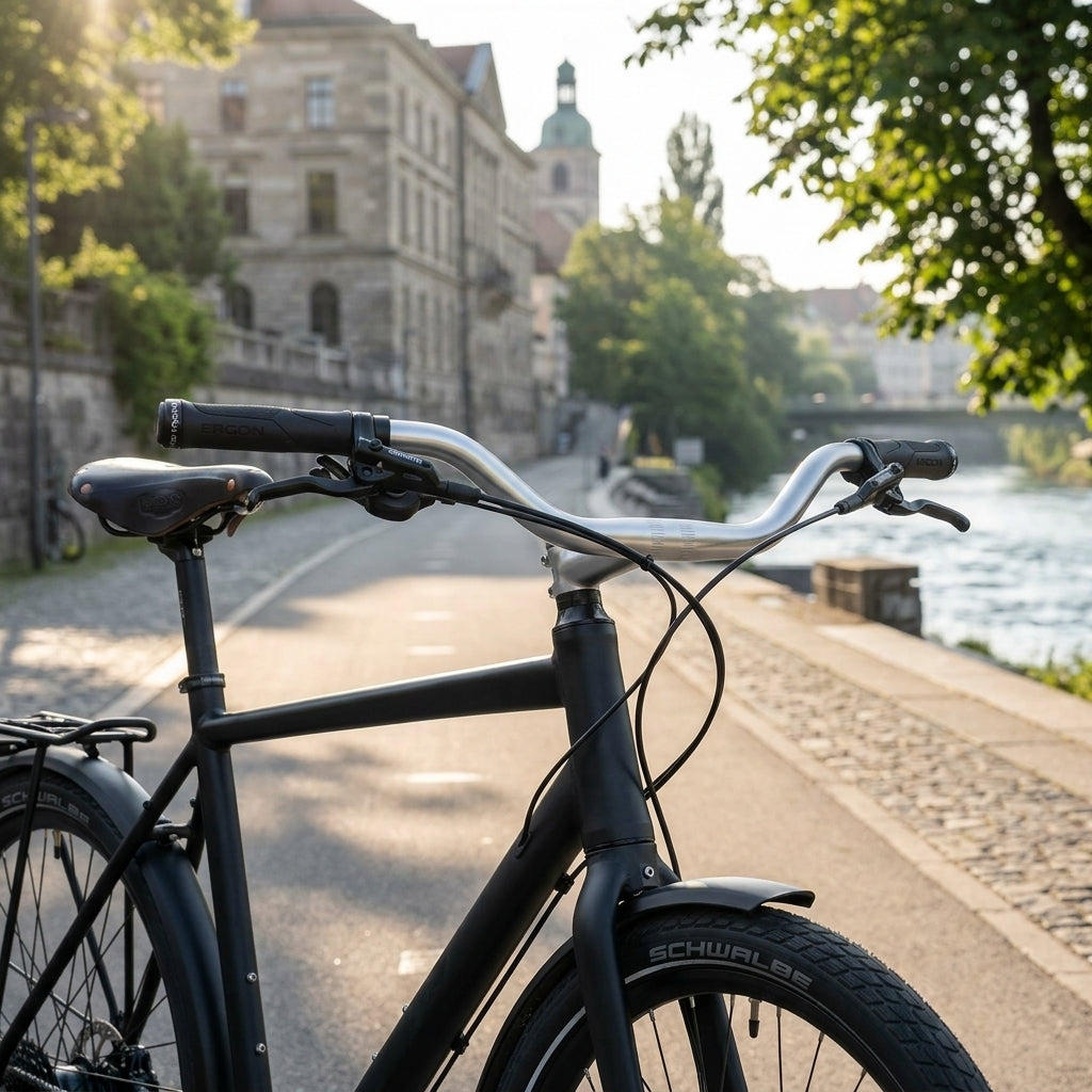 Ergotec Lenkerbügel Cruiser Alu silber/eloxiert 52° am Fahrrad in urbaner Flusslandschaft.