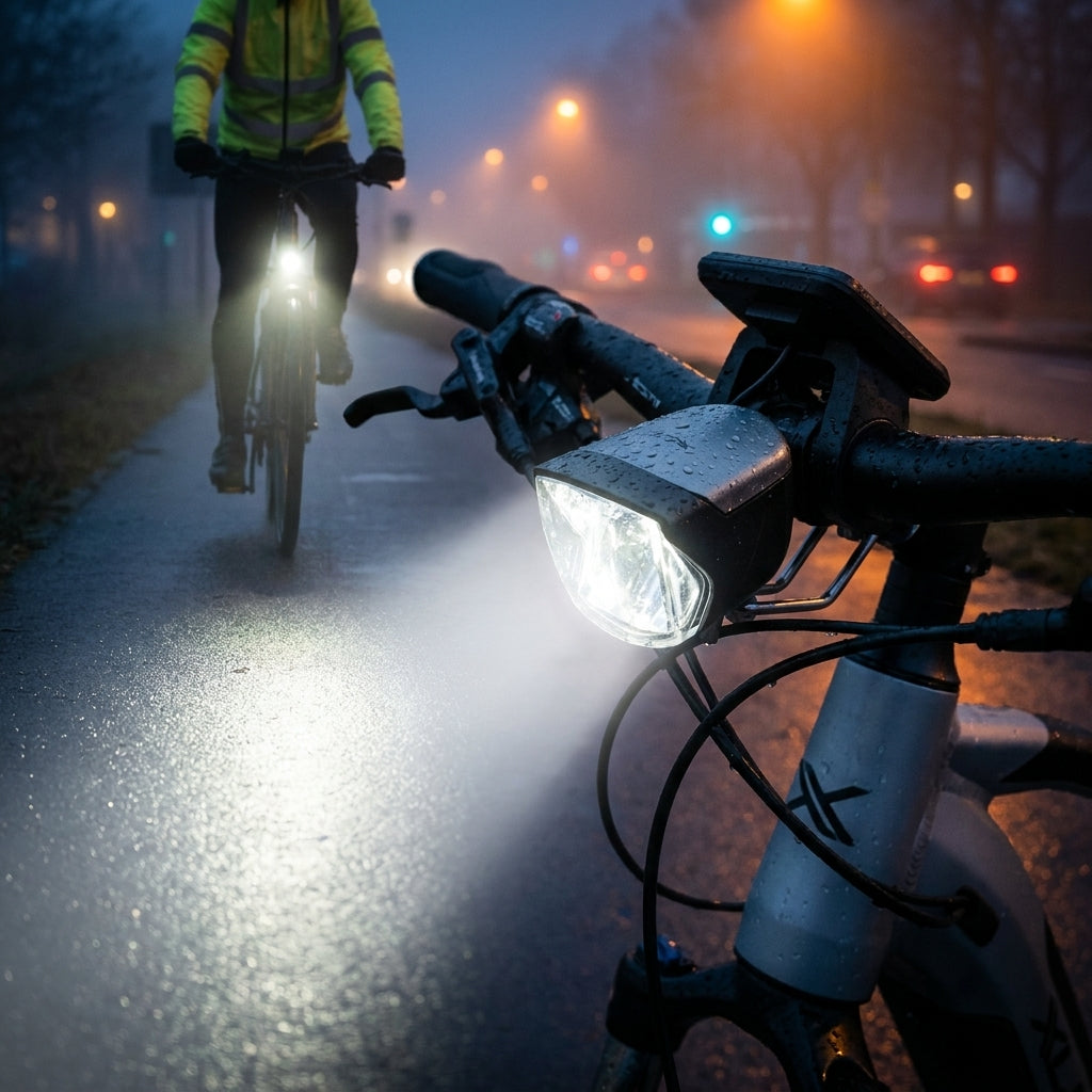 XLC Scheinwerfer LED E-Bike ready Reflektor 70Lux Senso beleuchtet nasse Straße bei Nacht.