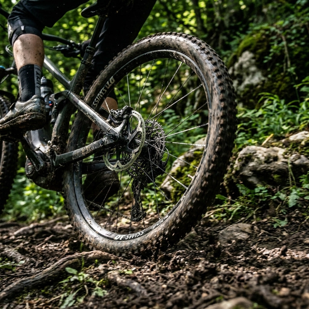 DT Swiss H 1900 SPLINE 29" eMTB Hinterrad, robust, schwarz, in Aktion auf schlammigem Waldweg.