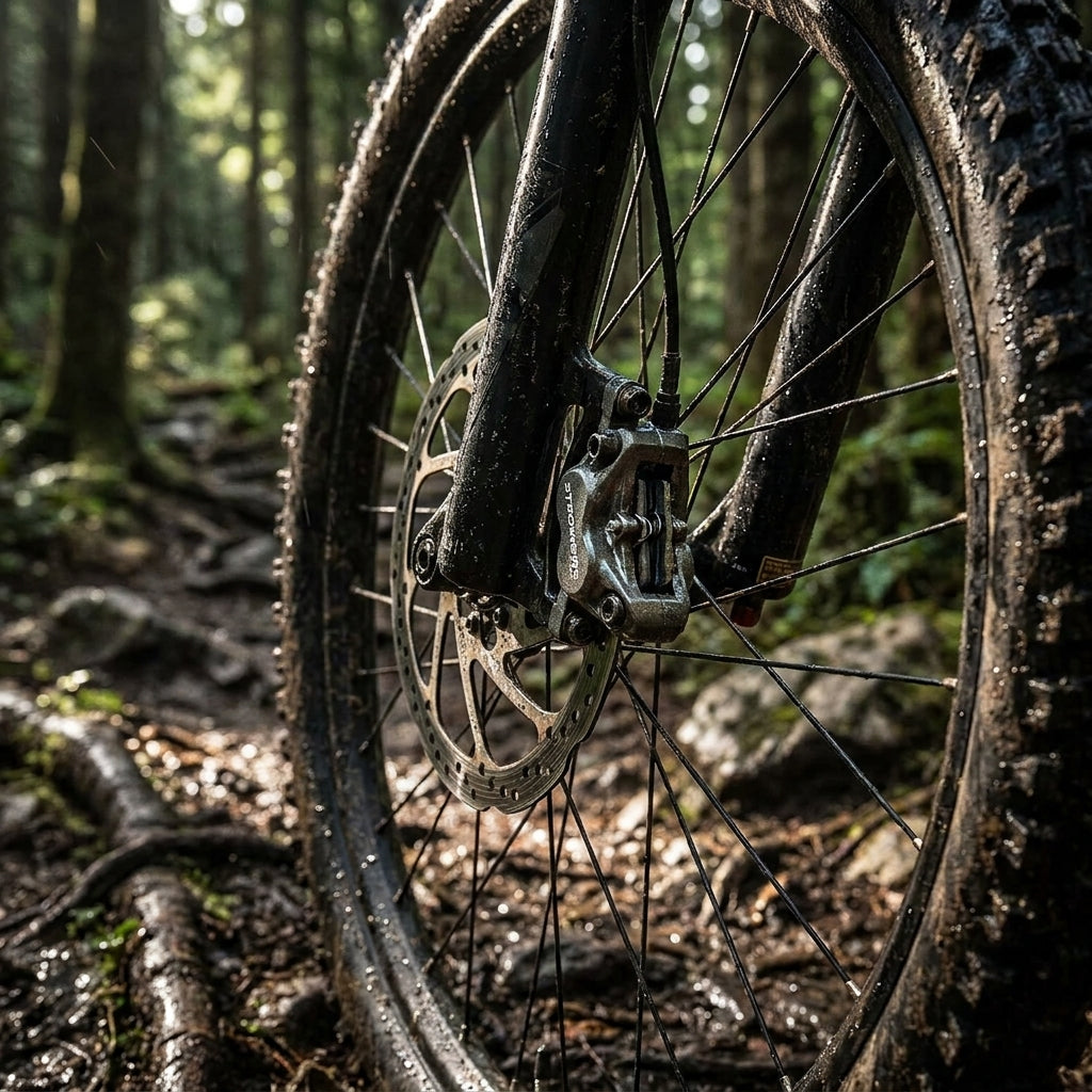 Schlammiges Mountainbike-Vorderrad mit Hayes Stroker TRAIL Scheibenbremse auf Waldweg. NG Sports Bremsbeläge.