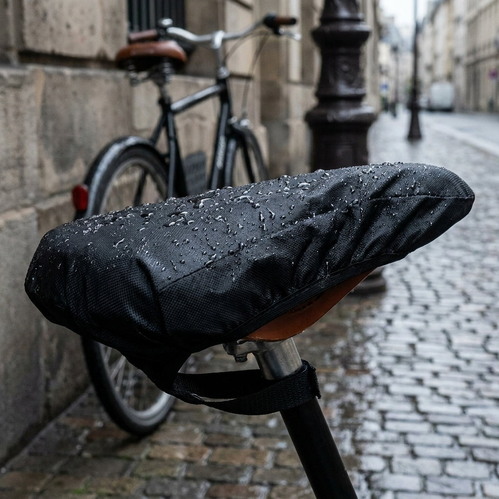 Hock Regenschutzhaube für Fahrradsättel schwarz mit Regentropfen auf dem Sattel auf nasser Straße.
